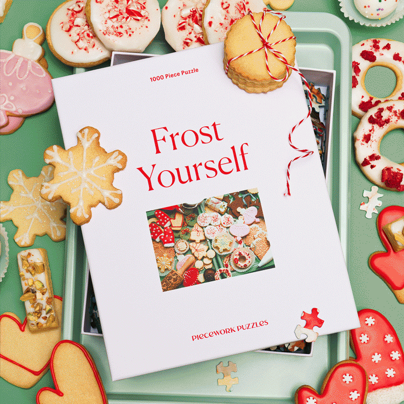 Slideshow animation showing photography of Christmas holiday themed puzzles and cocktail napkins.