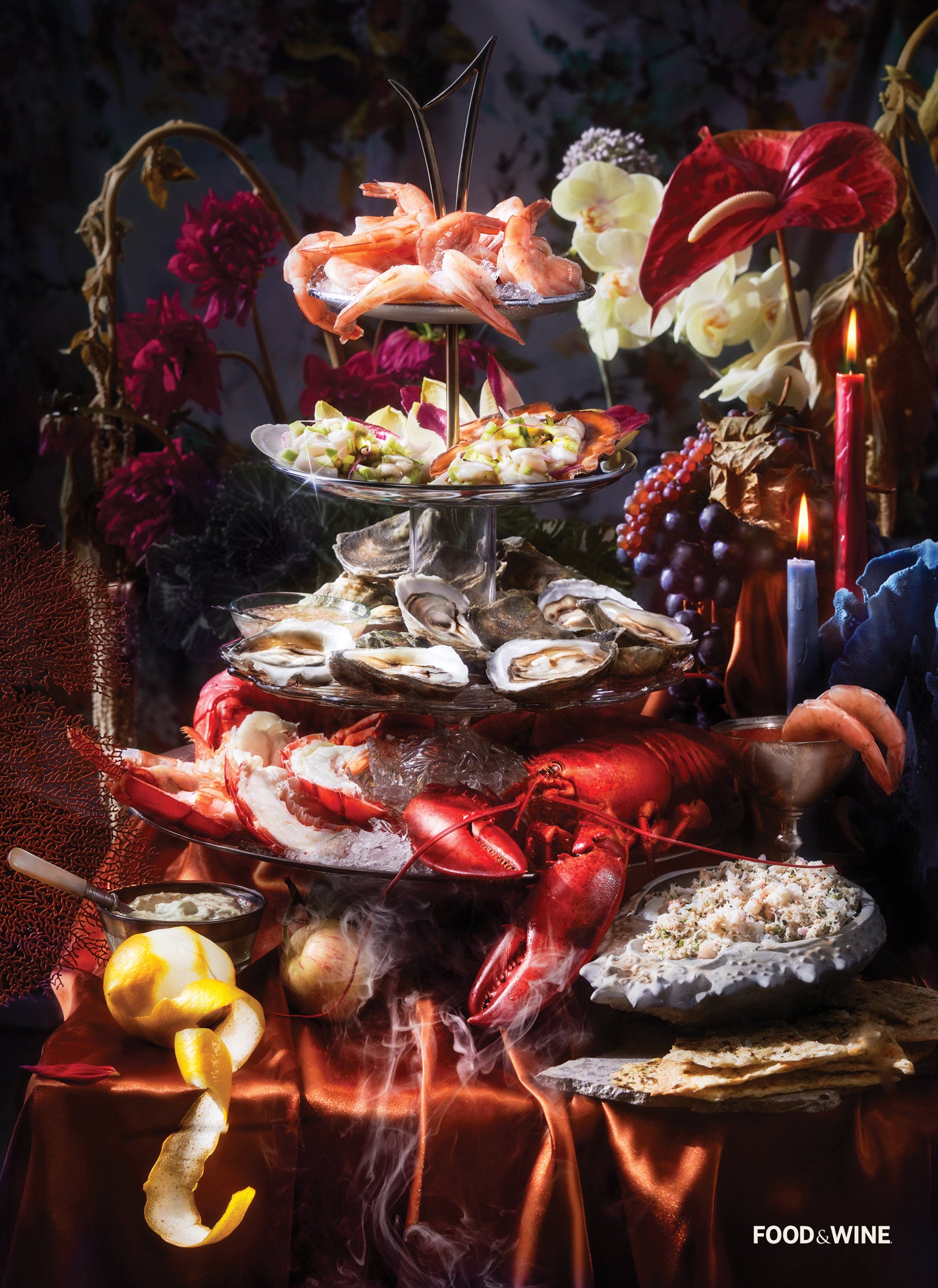 Puzzle art for Tiers of Joy, featuring a tiered seafood platter with oysters, shrimp, and lobster on a dark moody tablescape background.