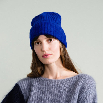 Blue Cashmere Ribbed Beanie