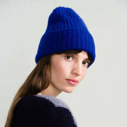 Blue Cashmere Ribbed Beanie