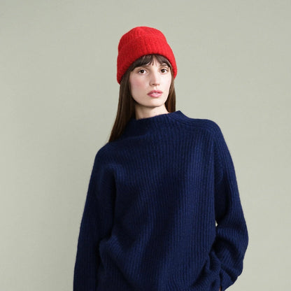 Red Cashmere Ribbed Beanie