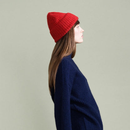 Red Cashmere Ribbed Beanie