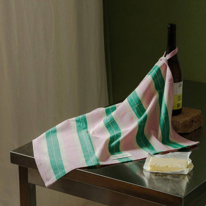 Striped Tea Towel, Green/Pink