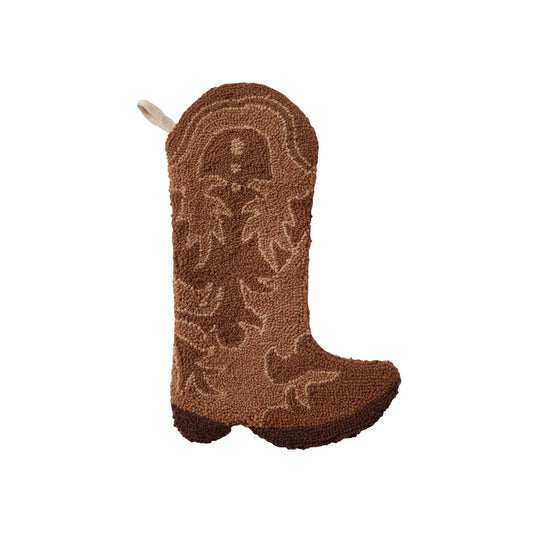 A brown cowboy boot-shaped hanging stocking with a textured, tufted surface and a small white hanging loop at the top, shown against a plain white background.
