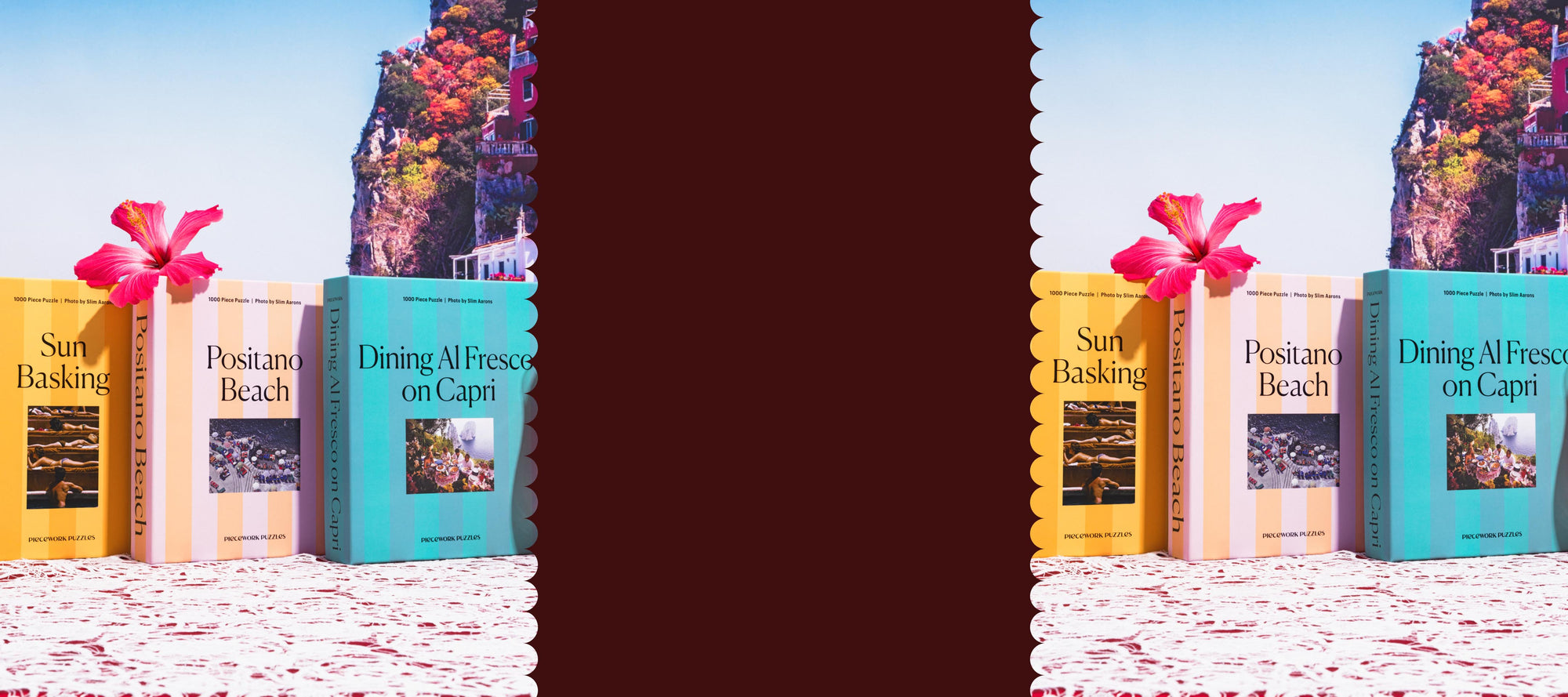 An image of three puzzles with photos by Slim Aarons in a seaside setting.