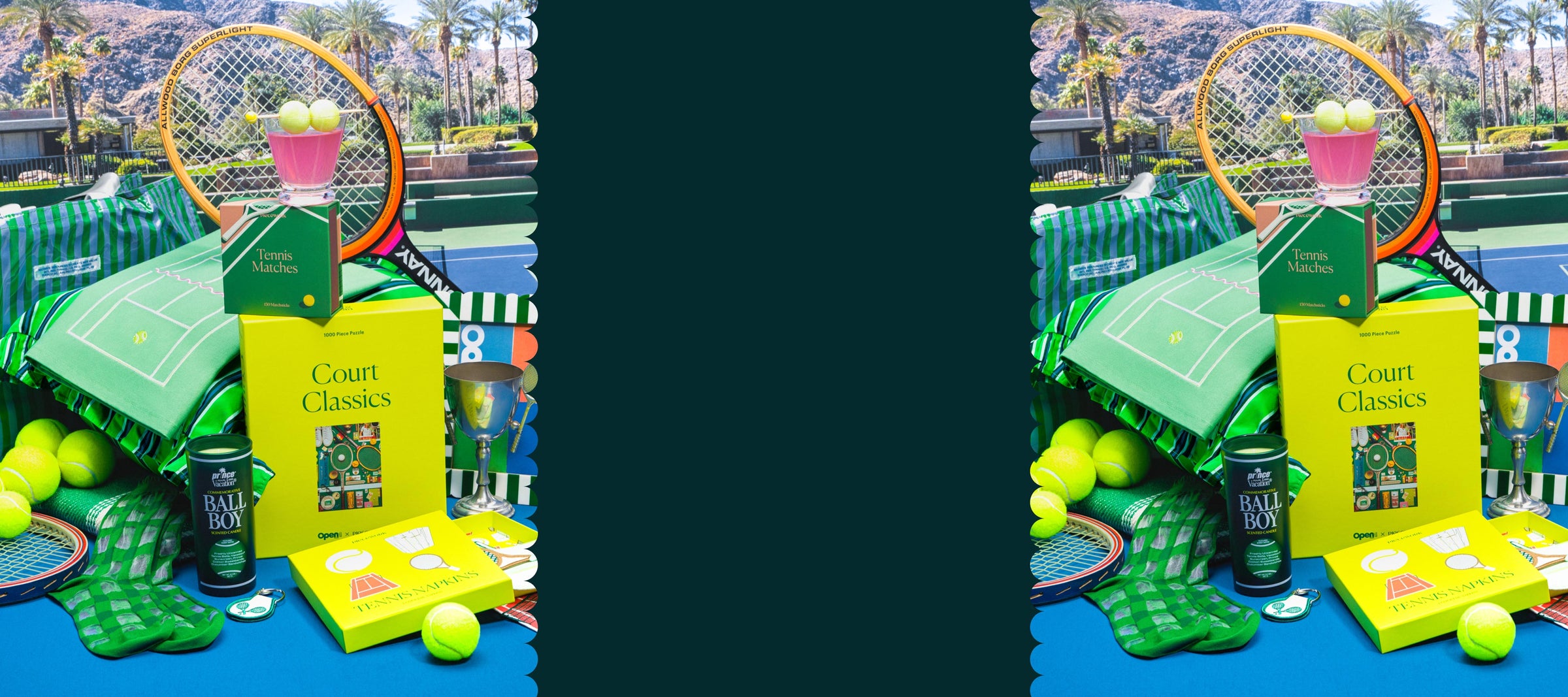 Tennis-themed product grouping including rackets, tennis balls, tennis cocktail napkins, tennis matches, and a tennis puzzle shown outdoors on a court.