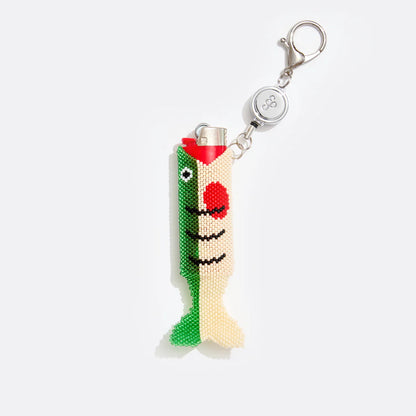 Green Beaded Fish Retractable Lighter Keychain