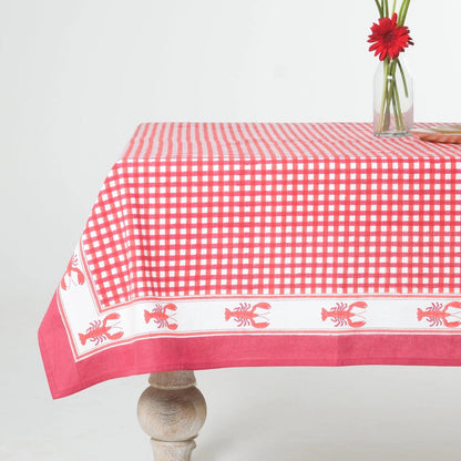 Lobster Red Gingham Blockprint Tablecloth