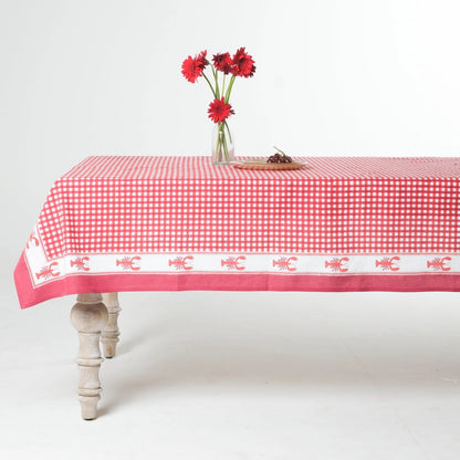 Lobster Red Gingham Blockprint Tablecloth