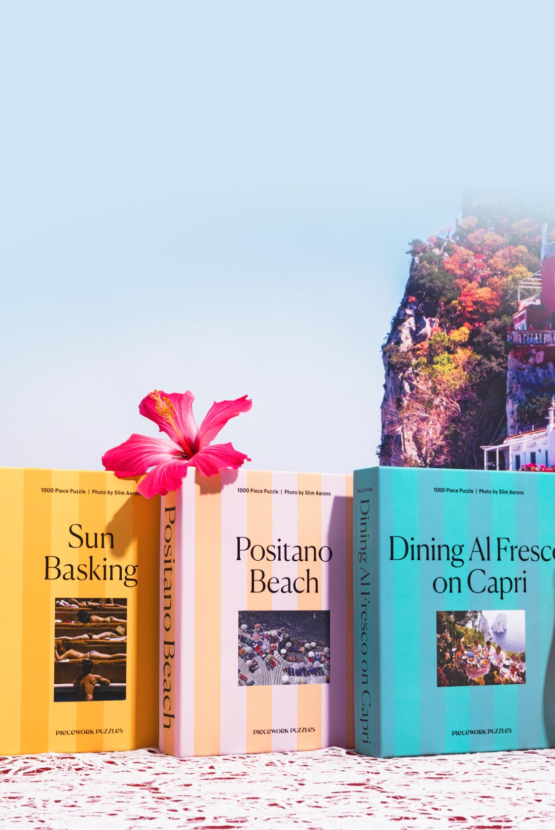 An image of three puzzles with photos by Slim Aarons in a seaside setting.