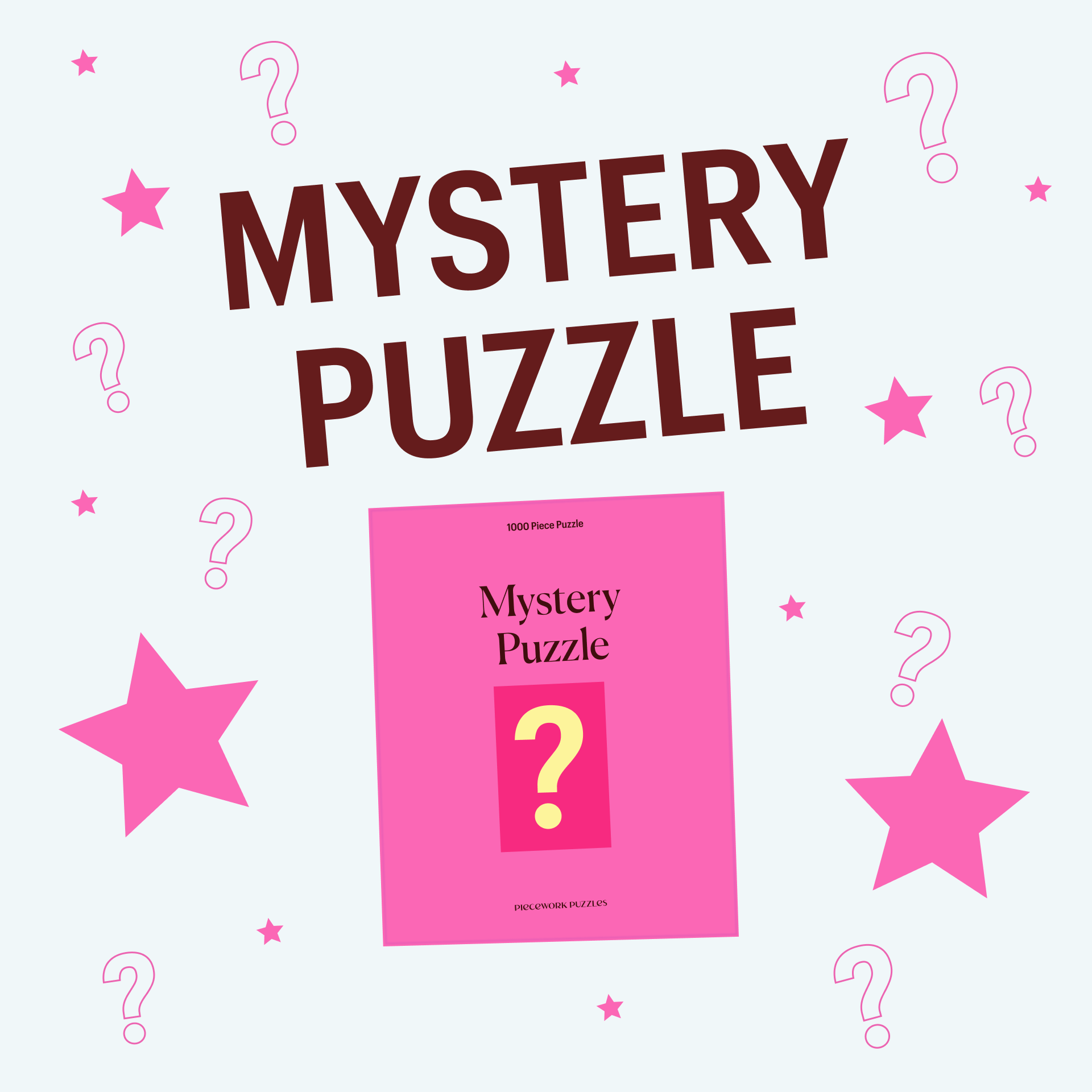 Image shows "Mystery Puzzle" and a box illustrating a mystery puzzle surrounded by star and question mark graphics.