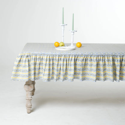 Provence Ruffled Blockprint Tablecloth in Butter Yellow