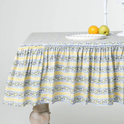 Provence Ruffled Blockprint Tablecloth in Butter Yellow