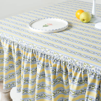 Provence Ruffled Blockprint Tablecloth in Butter Yellow