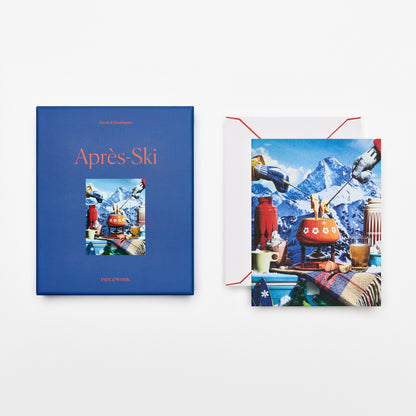 Piecework Après Ski Stationery Set: cobalt blue box and notecard of fondue and hot cocoa on snowy peaks, plus envelope