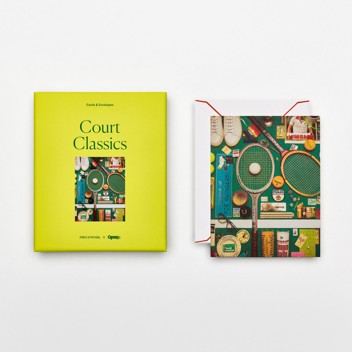 Piecework Court Classics Stationery Set: chartreuse box and notecard of vintage tennis rackets and balls, plus envelope