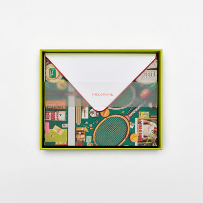 Piecework Court Classics Stationery Set: open chartreuse box of vintage tennis notecards and envelopes under a vellum band