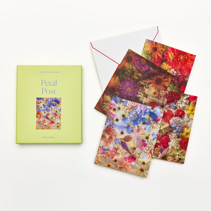 Piecework Petal Post Stationery Set: lime green box and assorted dewy floral notecards, plus envelope