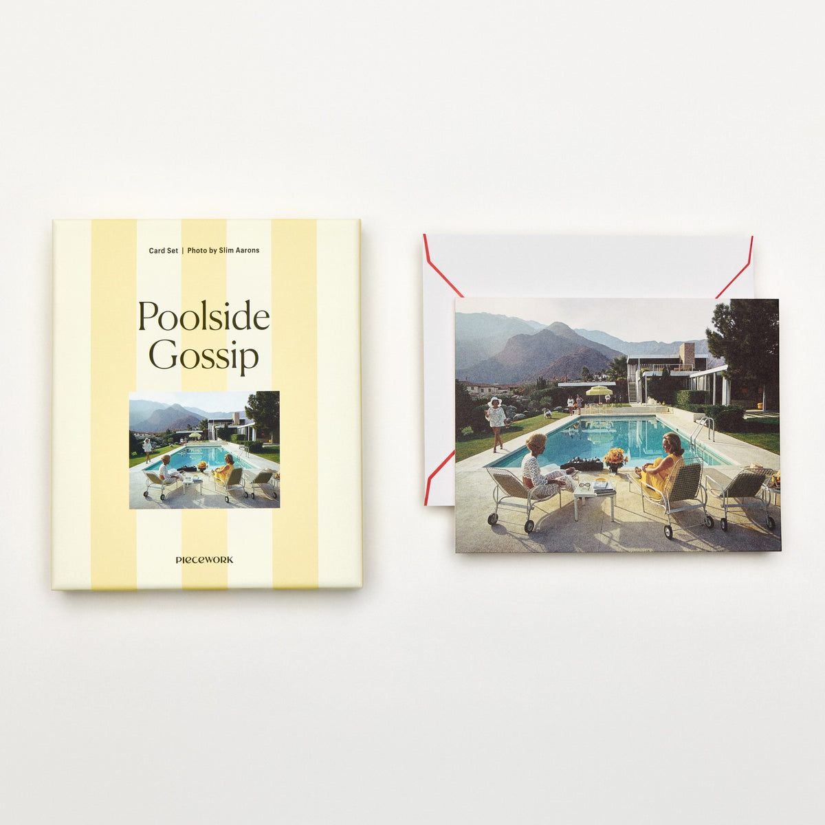 Piecework Poolside Gossip Stationery Set: yellow-striped box and Slim Aarons card of friends by the pool, plus envelope