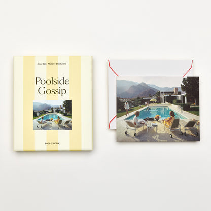 Piecework Poolside Gossip Stationery Set: yellow-striped box and Slim Aarons card of friends by the pool, plus envelope