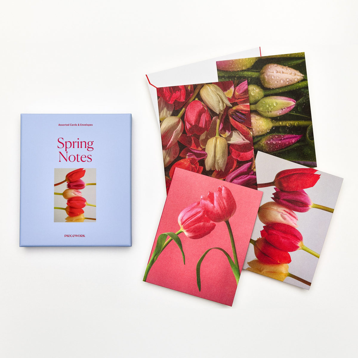 Piecework Spring Notes Stationery Set: periwinkle box and assorted tulip notecards, plus envelope