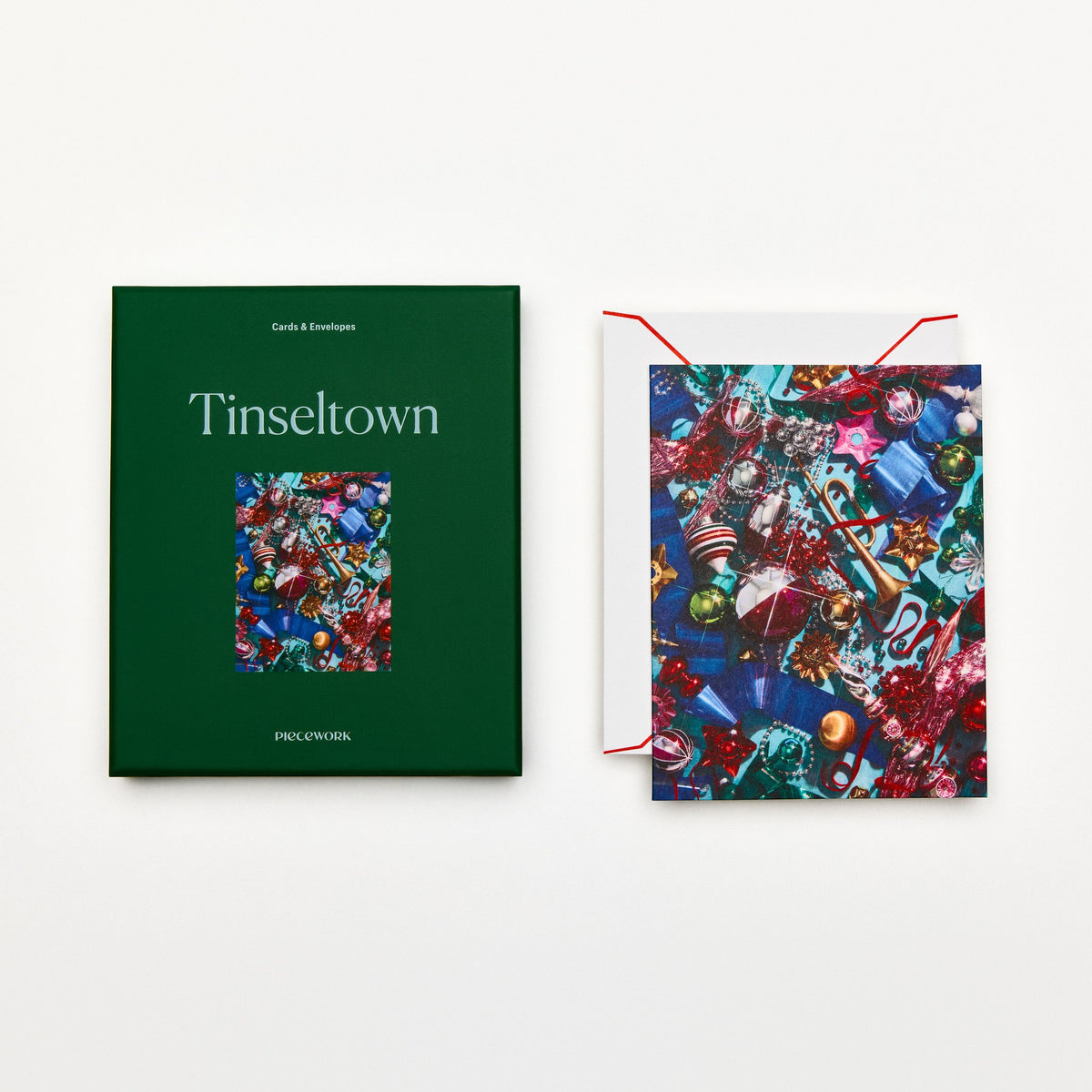 Piecework Tinseltown Stationery Set: deep green box and notecard of sparkling ornaments, plus envelope