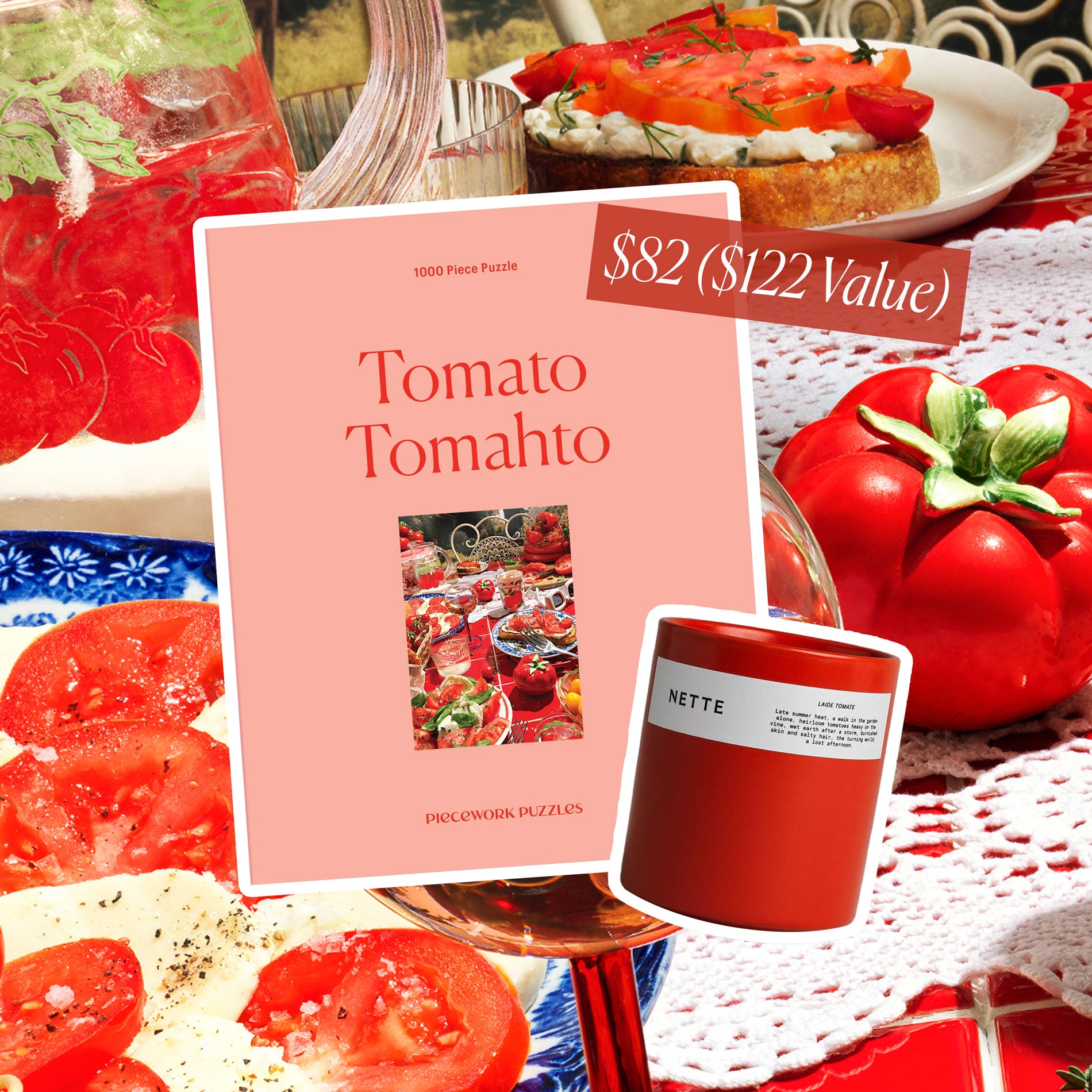 Promotional image for a limited-edition bundle including a 'Tomato Tomahto' 1000-piece puzzle and Nette Laide Tomato Candle (30% off!)