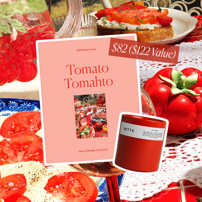 Promotional image for a limited-edition bundle including a 'Tomato Tomahto' 1000-piece puzzle and Nette Laide Tomato Candle (30% off!)