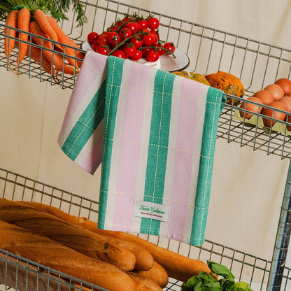 Striped Tea Towel, Green/Pink