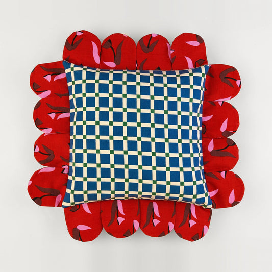 Blue Window Petal Pillow front: blue windowpane check with a red petal edge