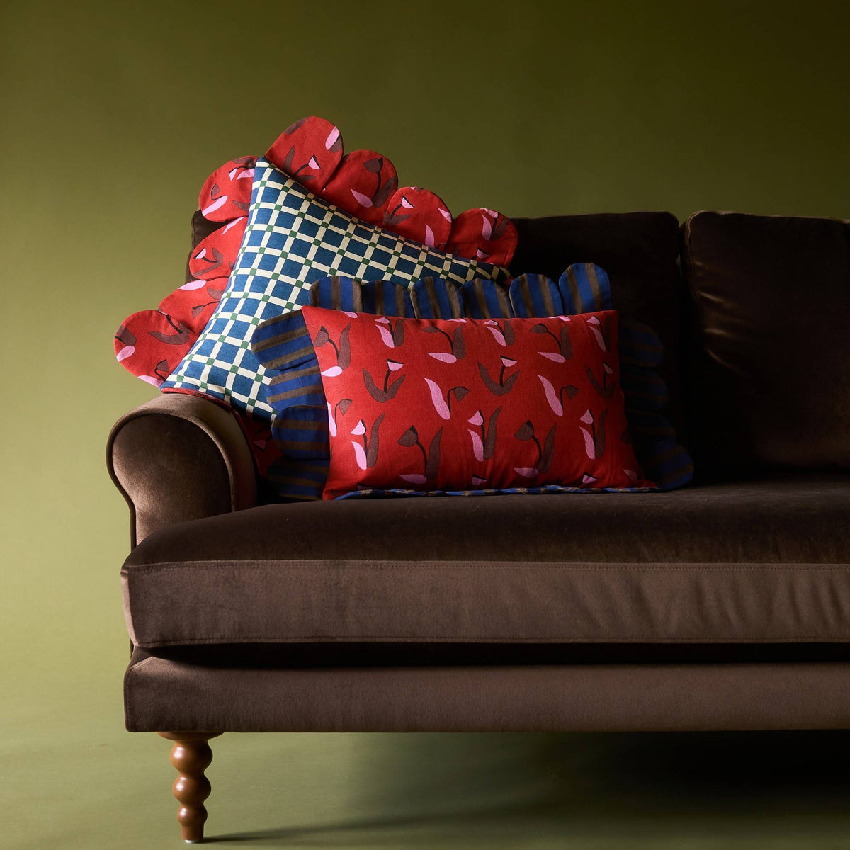Blue Window Petal Pillow paired with the Tulip Stripe pillow