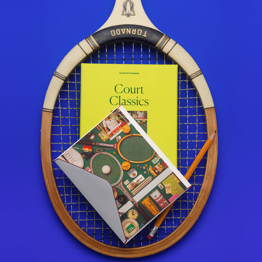 Piecework Court Classics Stationery Set: chartreuse box and tennis notecard with envelope on a vintage racket, cobalt blue