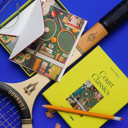 Piecework Court Classics Stationery Set: chartreuse box, notecards and envelope with vintage rackets and a pencil on cobalt