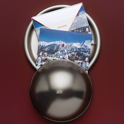 Piecework Culinary Heights Stationery Set: Slim Aarons alpine feast notecards on a silver tray under a cloche, burgundy