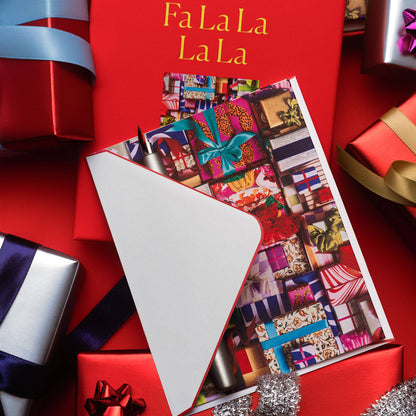 Piecework Fa La La La La Stationery Set: red box and wrapped-gift notecard with envelope among presents and ribbons