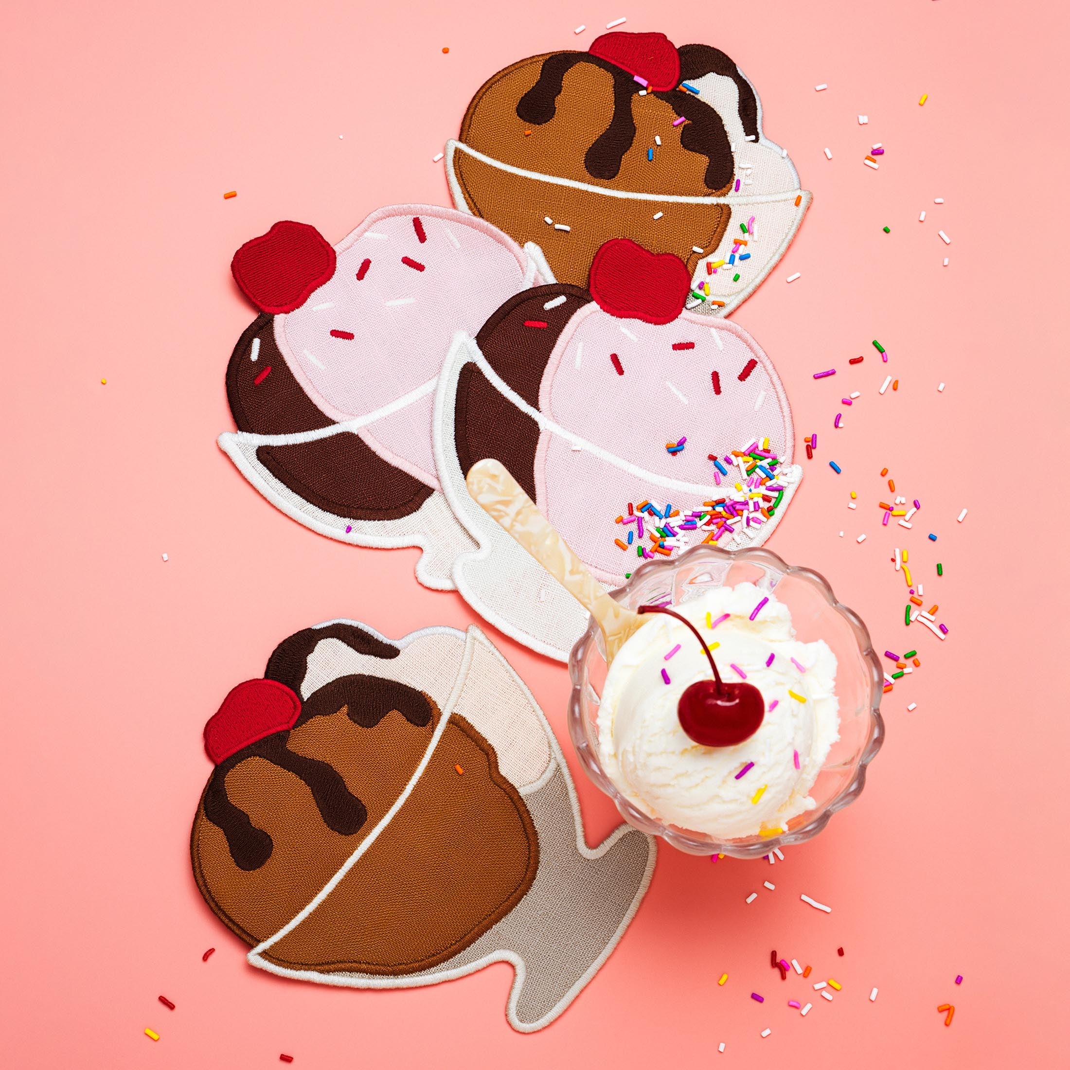 Ice Cream Sundae Cocktail Napkins – Linen Embroidered Set – Piecework