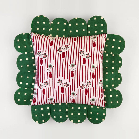 Posie Check Petal Pillow front: striped posie print with a green dotted petal edge
