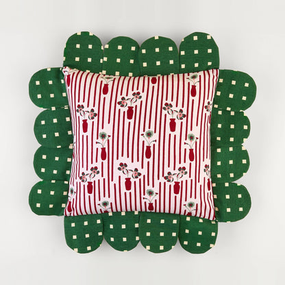 Posie Check Petal Pillow front: striped posie print with a green dotted petal edge