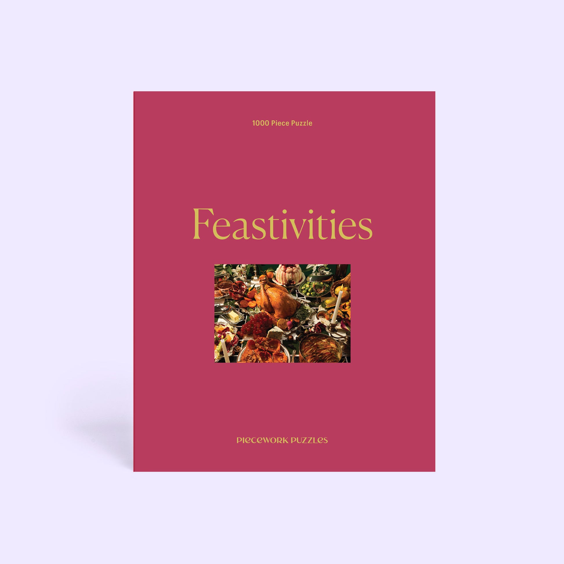 Puzzle box titled 'Feastivities' with a deep red box and gold text on a light purple background.