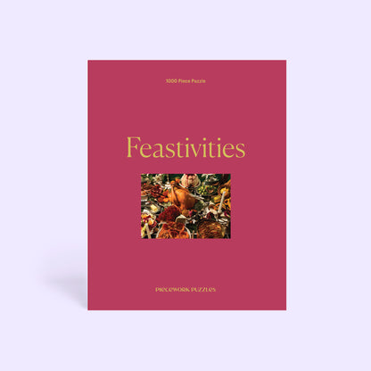 Puzzle box titled 'Feastivities' with a deep red box and gold text on a light purple background.