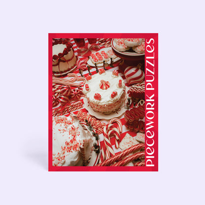 Back of the Peppermint Parade puzzle box showing the full red-and-white cake and candy cane puzzle image
