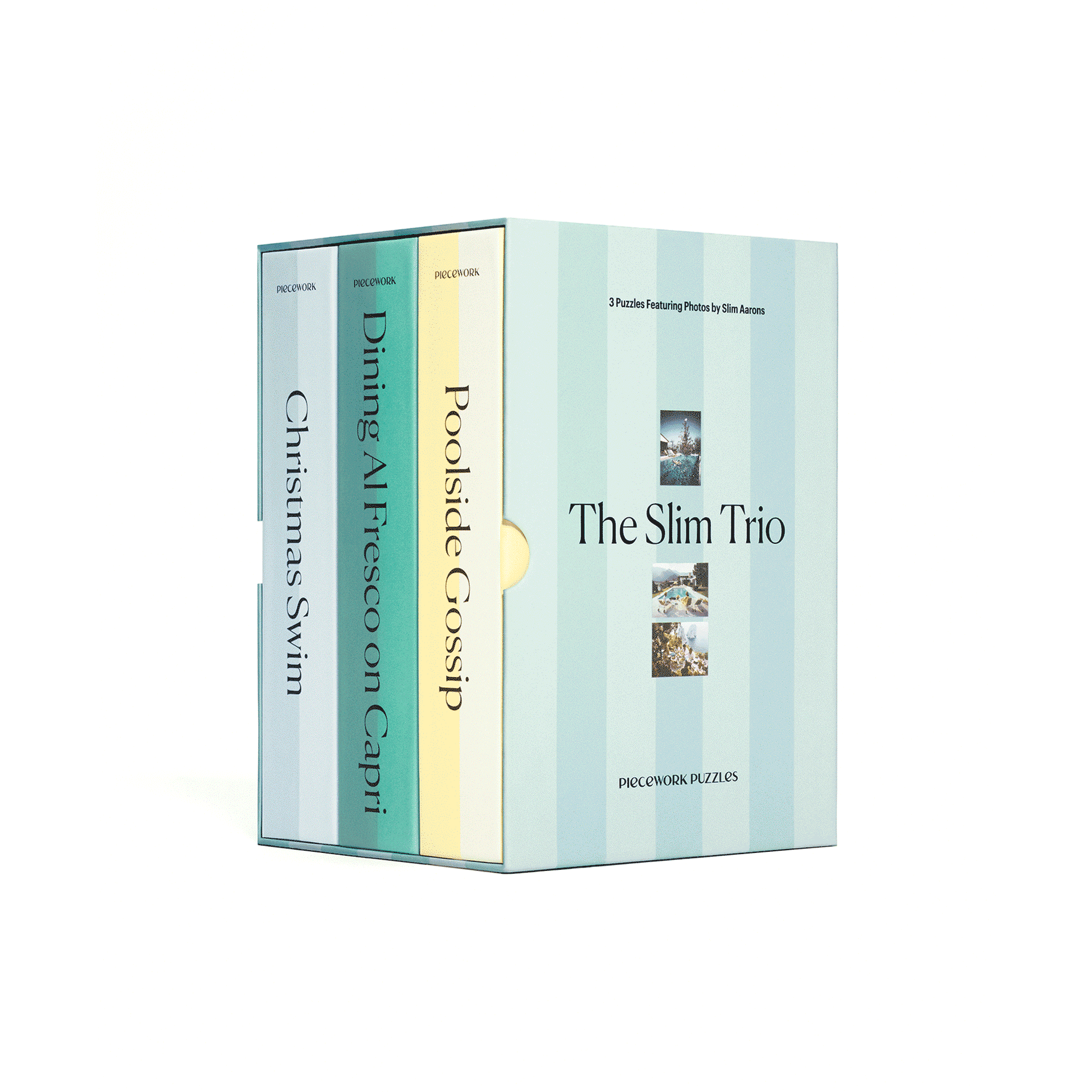 Slim Aarons Trio Set packaging showing The Slim Trio cover and the Poolside Gossip, Dining Al Fresco on Capri, and Christmas Swim spines