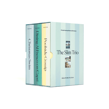 Slim Aarons Trio Set packaging showing The Slim Trio cover and the Poolside Gossip, Dining Al Fresco on Capri, and Christmas Swim spines