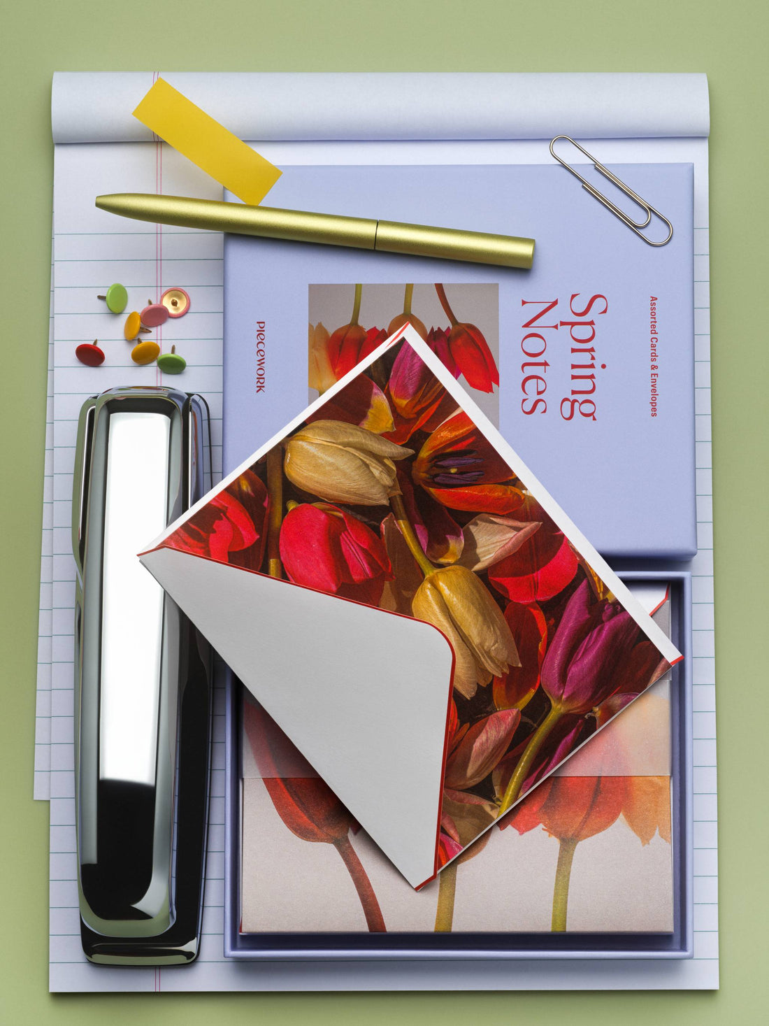 Piecework Spring Notes boxed notecard set with tulip photo cards, stapler, paper clips and gold pen on lavender
