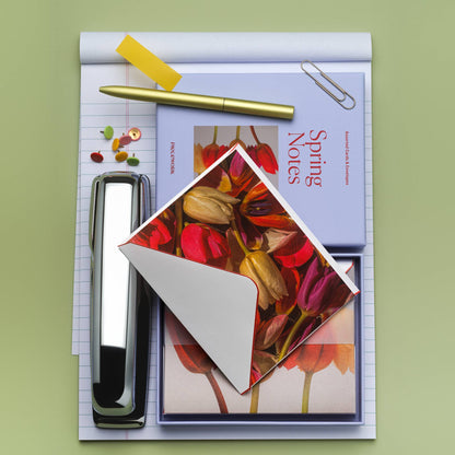 Piecework Spring Notes Stationery Set: periwinkle box and tulip notecard with envelope, stapler and pushpins on sage