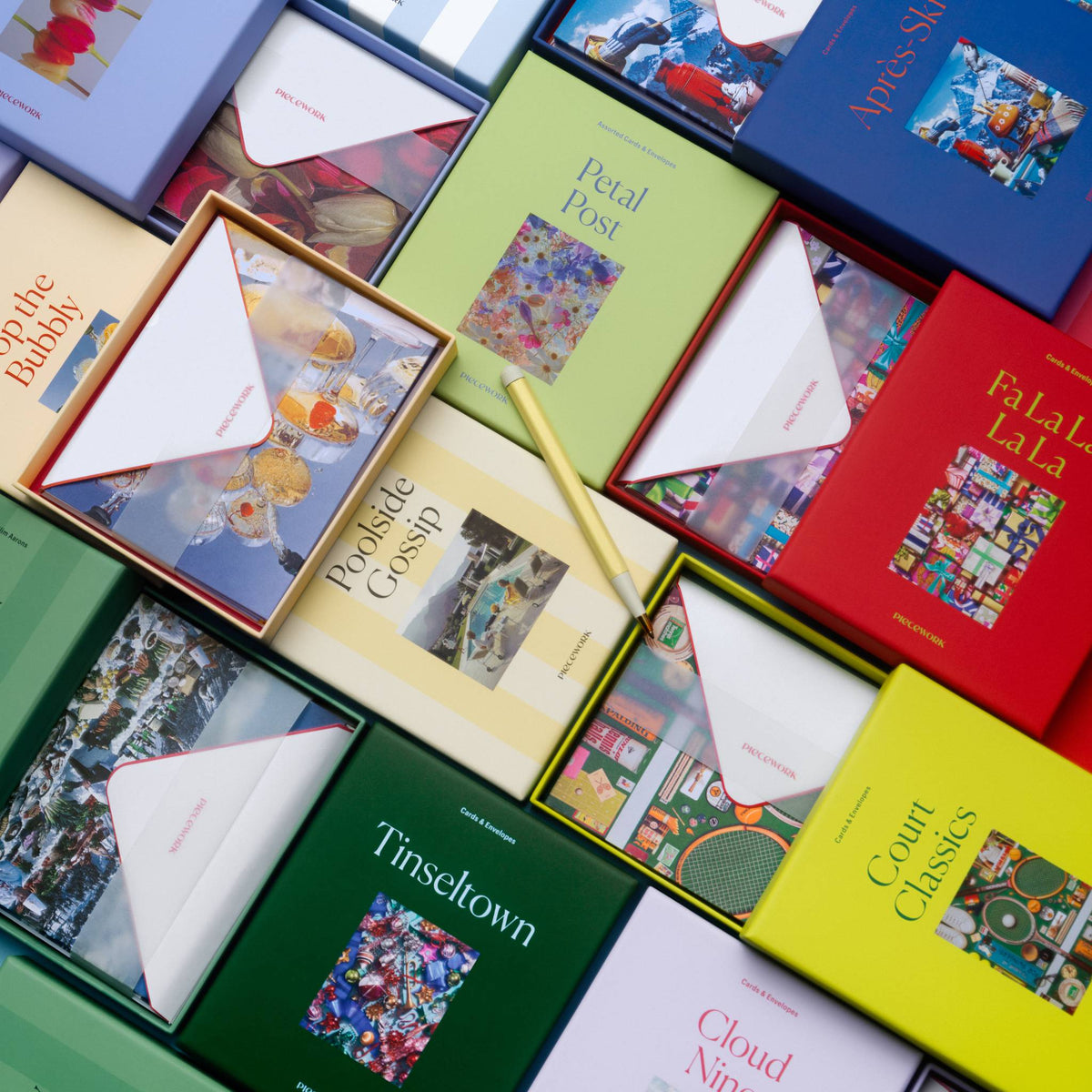 Piecework Stationery Sets: the full lineup of colorful boxed notecard sets with red-edged envelopes