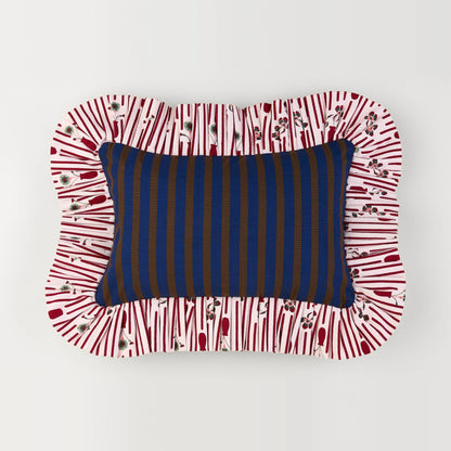 Striped Posie Ruffle Pillow front: navy and brown stripe with a red posie-stripe ruffle