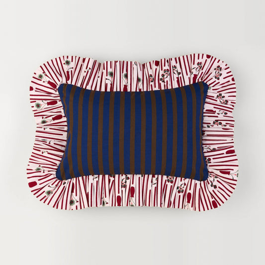 Striped Posie Ruffle Pillow front: navy and brown stripe with a red posie-stripe ruffle