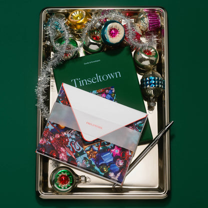 Piecework Tinseltown Stationery Set: deep green box and ornament notecards on a silver tray with vintage ornaments