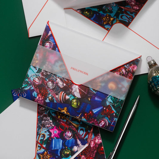 Piecework Tinseltown Stationery Set: ornament notecards and envelopes under a vellum band with a silver pen on green